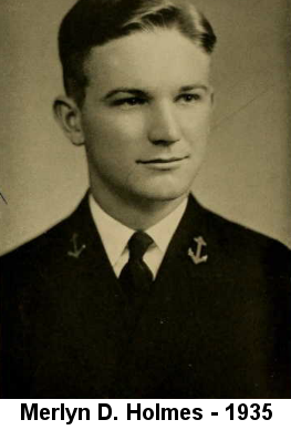 Sepia-tone Annapolis Naval Academy yearbook portrait photo of Merlyn Donald Holmes in a Navy uniform jacket with anchors on the lapels and tie.